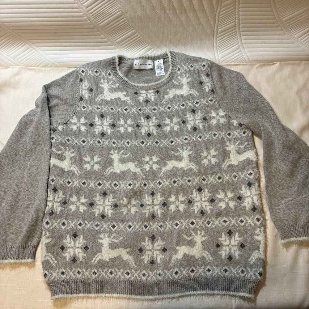 Alfred Dunner Womens M Christmas Sweater Gray Reindeer SnowflakeFair Isle Nordic